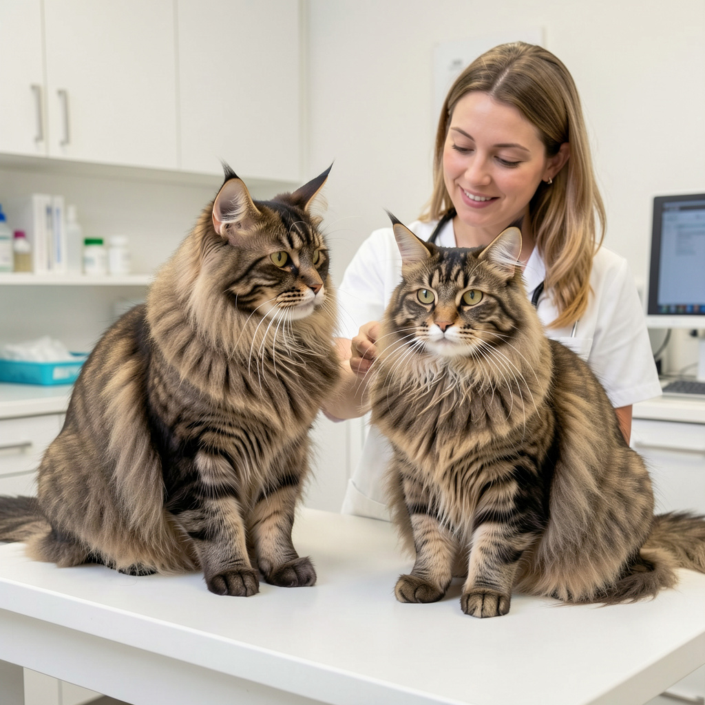 Zwei Maine Coon Katzen beim Gesundheitscheck in der Tierarztpraxis, großes Fell und Stärke sichtbar, ruhige Szene.